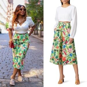 MIGUELINA Tropical Floral‎ Botanical Print High Rise Wide Leg Cropped Pants XS